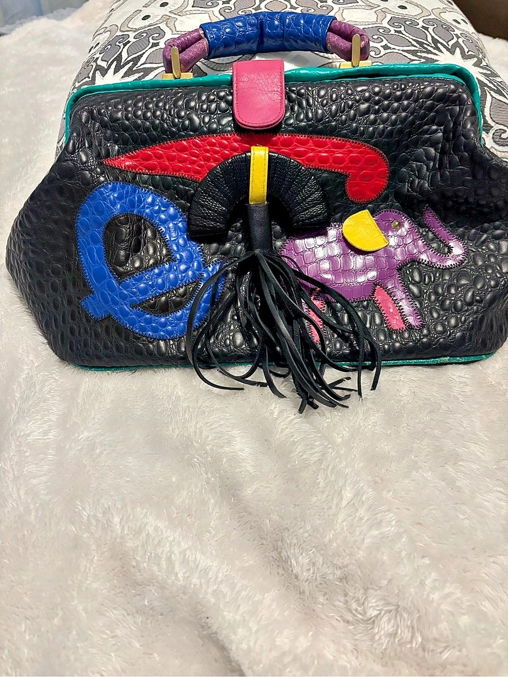 Euro Embellished Black & Green Handbag